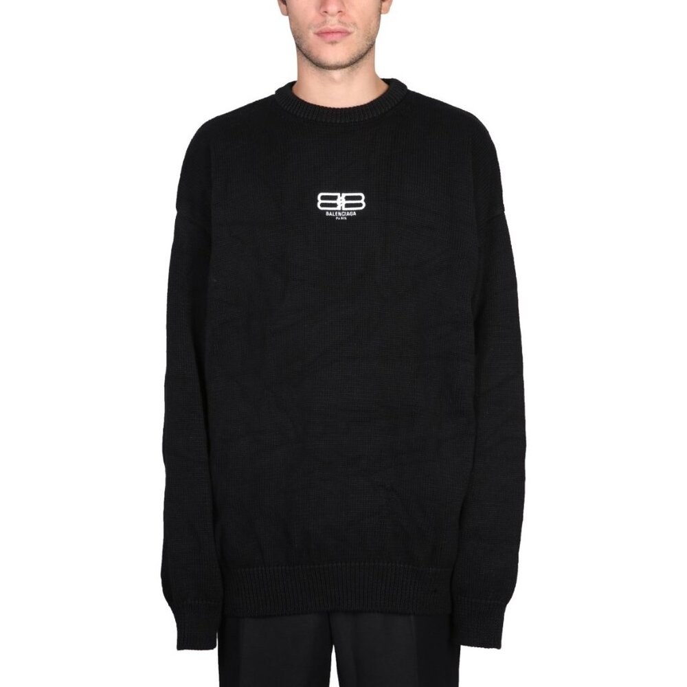 Balenciaga Logo Embroidered Knit Jumper men's  navy blue  sweater size L